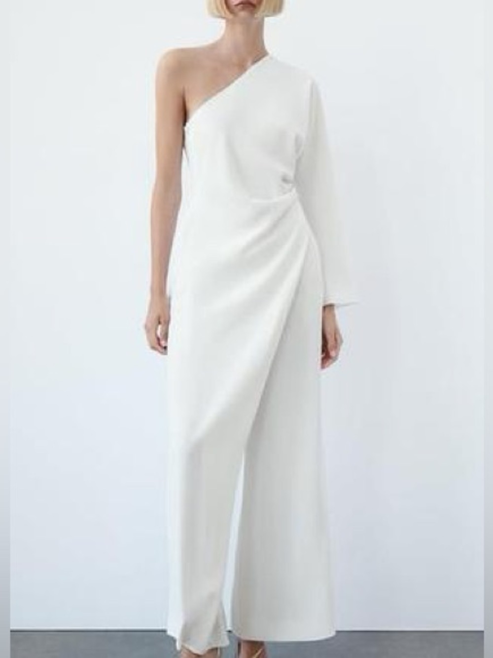 Zara Crepe One Shoulder Waterfall Wide Leg Jumpsuit Size S